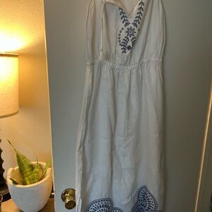J. Crew White Maxi Dress with Blue Embroidery